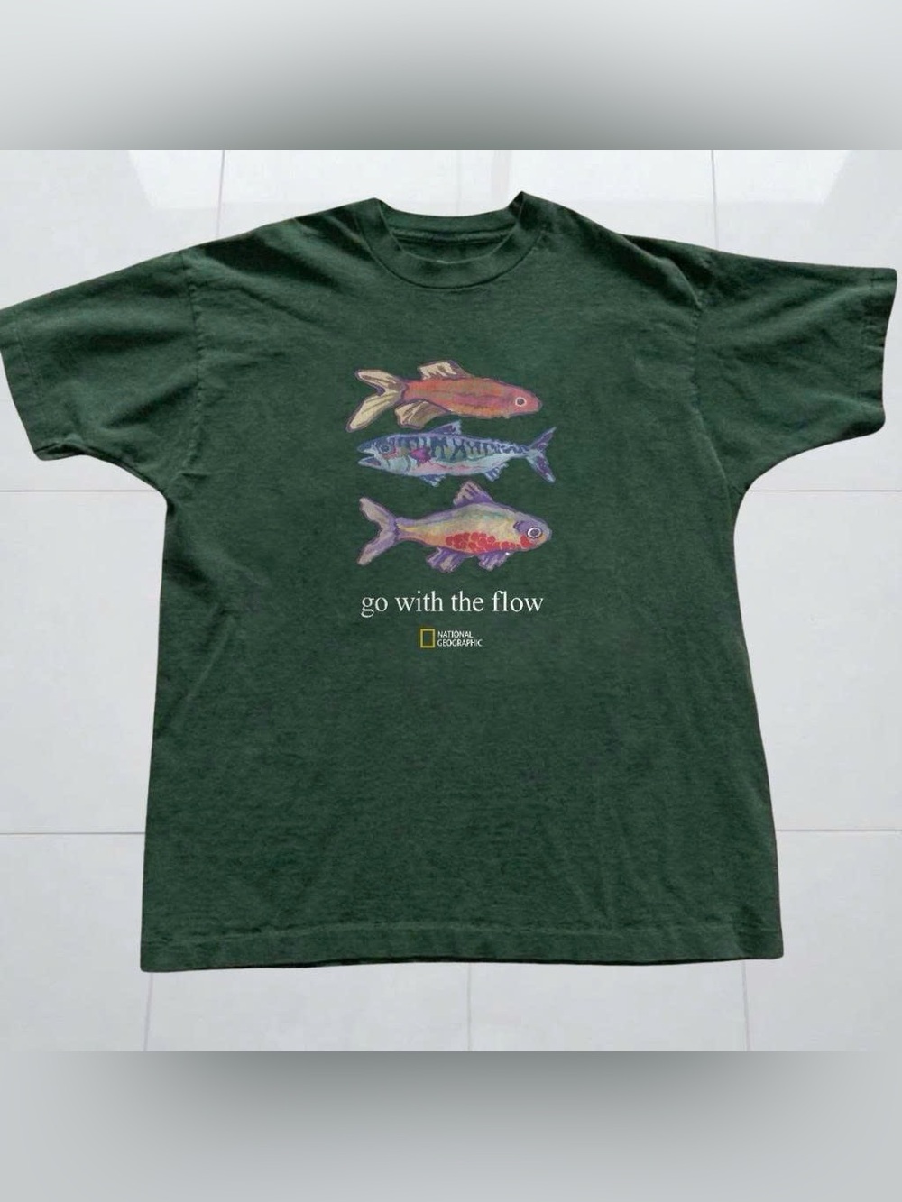 Vintage National Geographic Green 'Go With The Flow' Fish Graphic T-Shirt